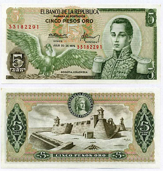 Колумбия 5 песо 1975 Хосе Мария Кордова, Картахена Pick 406е бумага UNC (пресс) 8611-17-3