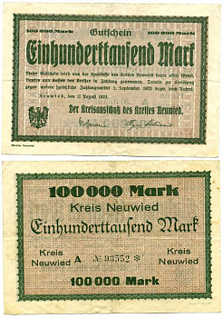 НОЙВИД, ГЕРМАНИЯ 100000 МАРОК 1923 1 АВГУСТА 1923 - 1 СЕНТЯБРЯ 1923, НОТГЕЛЬД, ЗЕМЛЯ РЕЙЛАНД-ПФАЛЬЦ, СЕРИЯ А, НОМЕР, СНЕЖИНКА Keller 3903e бумага VF 8613-34-2-2