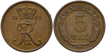 Дания 5 эре 1963 C; S, Фредерик IX (1947-1972) KM 848 бронза 4601-823