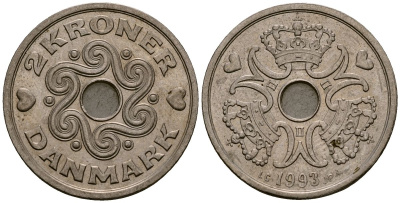 Дания 2 кроны 1993 LG; JP; A, Маргрете II (1972- ) KM 874.1 медно-никель 4176-542