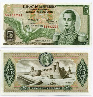Колумбия 5 песо 1975 Хосе Мария Кордова, Картахена Pick 406е бумага UNC (пресс) 8611-17-3