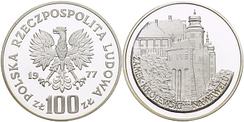 Польша 100 злотых 1977 MW, Вавельский замок в Кракове KM 91, Parchimowicz 279 серебро PROOF 1085-1-14