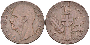 ИТАЛИЯ 10 ЧЕНТЕЗИМО 1939 R, ГОД XVII, МОНДВОР РИМ, ВИКТОР ЭММАНУИЛ III (1900-1946) KM 74 медь 4525-215