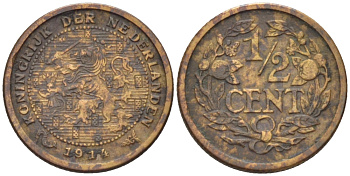 НИДЕРЛАНДЫ 1/2 ЦЕНТА 1914 ВИЛЬГЕЛЬМИНА (1890-1948) KM 138 бронза 39-166