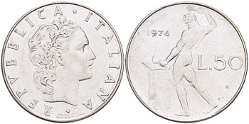 ИТАЛИЯ 50 ЛИР 1974 R, КУЗНЕЦ KM 95.1 нержавеющая сталь 4523-653