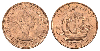 Великобритания 1/2 пенни 1966 Елизавета II (1952-2022) KM 896, Spink 4158 бронза aUNC 4662-1247