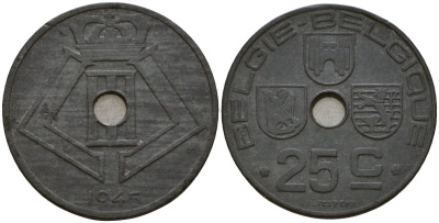 Бельгия 25 сантимов 1945 Belgie-Belgique, Леопольд III (1934-1947), германская оккупация KM 132 цинк 33-1231