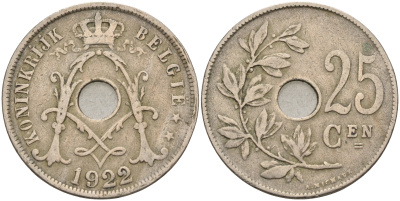 Бельгия 25 сантимов 1922 Belgie, Альберт I (1909-1934) KM 69 медно-никель 4589-745