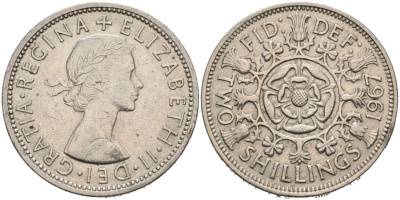 Великобритания 2 шиллинга (флорин) 1967 Елизавета II (1952-2022) KM 906, Spink 4146 медно-никель 4572-1021