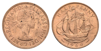 Великобритания 1/2 пенни 1966 Елизавета II (1952-2022) KM 896, Spink 4158 бронза aUNC 4662-1247