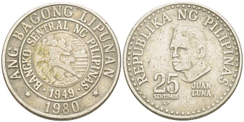 ФИЛИППИНЫ 25 СЕНТИМО 1980 ХУАН ЛУНА KM 227 медно-никель 4513-934