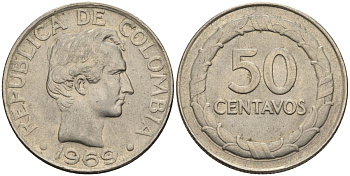 Колумбия 50 сентаво 1969 KM 228 сталь плакированная никелем 4517-223