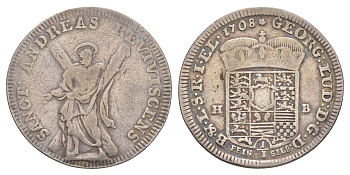Брауншвейг-Каленберг-Ганновер 1/3 талера 1708 HB, Георг I (1698-1727), из коллекции Ричарда Б. Смита KM 47, Welter?2167, Museler 10.5/47 серебро 1525-111