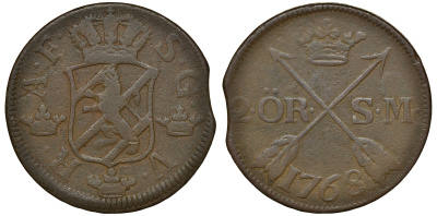 Швеция 2 эре 1768 Адольф Фредерик (1751-1771) S.M. диаметр 34 мм, вес 28,3 гр, последний год чеканки данного типа KM 461 медь 4179-334