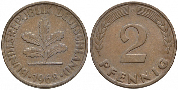ФРГ 2 пфеннига 1968 G KM 106a, J.381a сталь плакированная медью 4547-1138