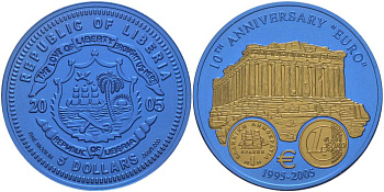 Либерия 5 долларов 2005 10 лет евро, страны еврозоны, Греция, с сертификатом, би-колор (два цвета), вес 7,78 гр., диаметр 35 мм.  ниобий  UNC  1081-7-61