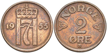 НОРВЕГИЯ 2 ЭРЕ 1955 ХОКОН VII (1905-1957) KM 399 бронза 119-926