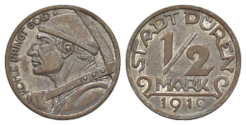 Дюрен 1/2 марки 1919 шахтер Funck 105.12, Men05 580715, Men18 7249.15 железо 1518-111