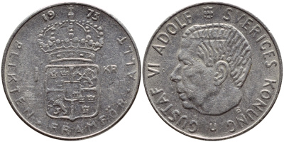 Швеция 1 крона 1973 Густав VI Адольф (1950-1973) KM 826а медь плакированная медно-никелем 4395-523