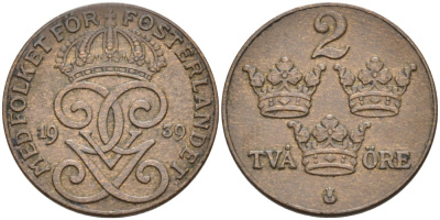 Швеция 2 эре 1939 Густав V (1907-1950) KM 778 бронза 68-1155