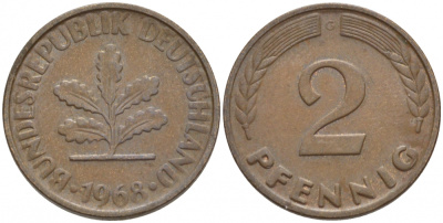 ФРГ 2 пфеннига 1968 G KM 106a, J.381a сталь плакированная медью 4547-1138