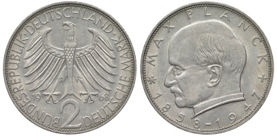 ФРГ 2 марки 1968 F, Макс Планк KM 116,  J. 392 медно-никель плакированный никелем 4681-753
