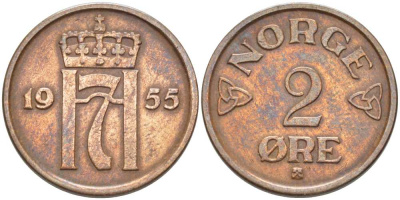 НОРВЕГИЯ 2 ЭРЕ 1955 ХОКОН VII (1905-1957) KM 399 бронза 119-926