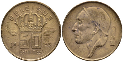 БЕЛЬГИЯ 50 САНТИМОВ 1953 BELGIQUE KM 144 бронза 4392-761