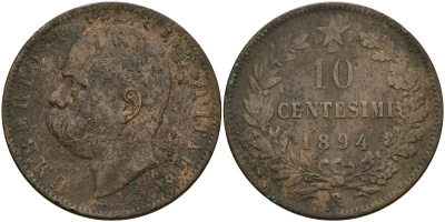 Италия 10 чентезимо 1894 R, Умберто I (1878-1900) KM 27.2 медь 08-844