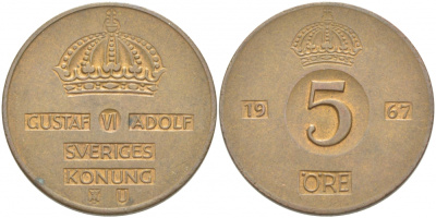 Швеция 5 эре 1967 U, Густав VI Адольф (1950-1973) КМ 822 бронза 77-535