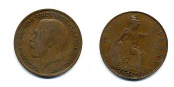 Великобритания 1 пенни 1921 Георг V (1910-1936) KM 810, Spink 4051 бронза 47-624