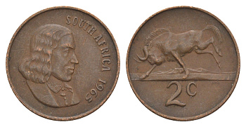 ЮАР 2 цента 1965 Ян ван Рибек (1619-1677), South Africa, легенда на английском, антилопа KM 66.1 бронза 4602-357