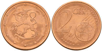 Финляндия 2 евроцента 1999  KM 99 сталь плакированная медью  UNC  4160-329