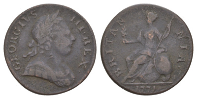 Великобритания 1/2 пенни 1771 Георг III (1760-1820) KM 601, Spink 3774 медь 413-2532