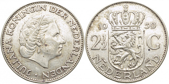 Нидерланды 2 1/2 гульдена 1959 Юлиана (1948-1980) KM 185 серебро 114-522