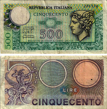 Италия 500 лир 1976 Меркурий Pick 95 бумага 7548-121-2-2