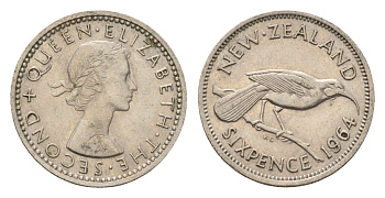 Новая Зеландия 6 пенсов 1964 Елизавета II (1952-2022), разноклювая гуйя KM 26.2 медно-никель 4669-616