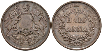 Британская Индия 1/2 анна 1835 M, Британская Ост-Индская компания, Мадрас, диаметр 30,8 мм. KM 447.1 медь 88-925