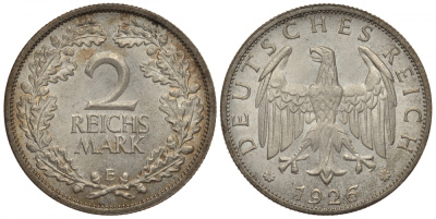 Германия 2 рейхсмарки 1926 E, цена по каталогу MT 200 евро J. 320, KM 45 серебро  UNC  00-802-74