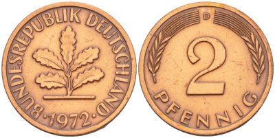 ФРГ 2 ПФЕННИГА 1972 D KM 106a, J.381a сталь плакированная сталь плакированная медьюю 4532-1254