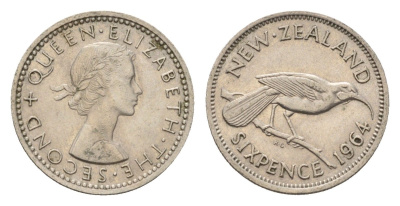 Новая Зеландия 6 пенсов 1964 Елизавета II (1952-2022), разноклювая гуйя KM 26.2 медно-никель 4669-616