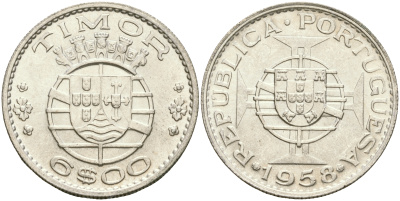 Португальский Тимор 6 эскудо 1958 год тип KM 15 серебро aUNC 4364-1645