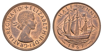 Великобритания 1/2 пенни 1967 Елизавета II (1952-2022) KM 896, Spink 4158 бронза 4118-1055