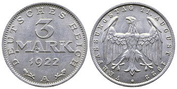 Германия 3 марки 1922 A, третья годовщина Веймарской Конституции KM 29, J. 303 алюминий 36-115