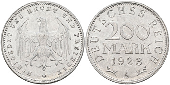 Германия 200 марок 1923 A KM 35, J. 304, Weege 22 алюминий UNC 4586-232
