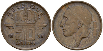 Бельгия 50 сантимов 1983 Belgique, Бодуэн I (1951-1993) KM 148 бронза 4154-1053