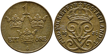 Швеция 1 эре 1936 длинная 6, Густав V (1907-1950) KM 777.2 бронза 4387-1216