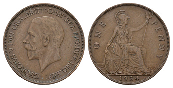 Великобритания 1 пенни 1934 Георг V (1910-1936) KM 838, Spink 4055 бронза 221-145