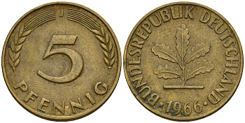 ФРГ 5 пфеннигов 1966 J J.382, KM 107 сталь плакированная латунью    4598-941