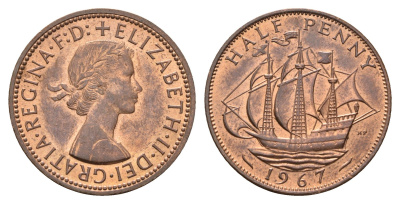 Великобритания 1/2 пенни 1967 Елизавета II (1952-2022) KM 896, Spink 4158 бронза 4118-1055